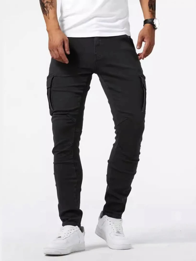 Men Elastic Streetwear Cargo Pants Jeans Wash Multi Pockets Y2k Mid