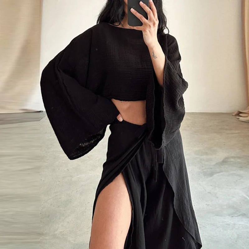 Spring Casual Solid Cotton Linen Suit Summer O Neck Crop Top+Lace-up