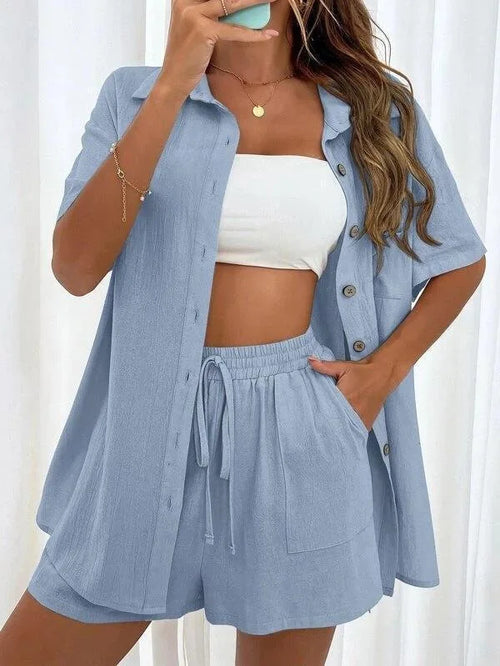2 Pieces Women Sets Summer Solid Color Short Sleeve Open Stitch Button