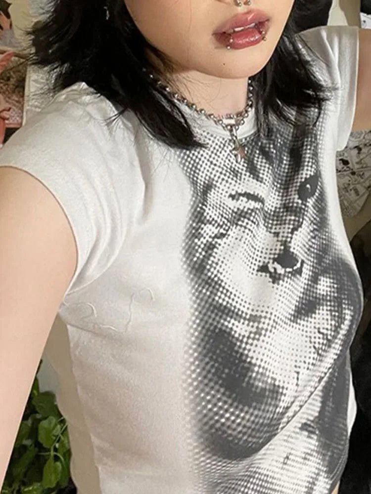 Harajuku Animal Print Crop Top Basic White Short Sleeve Crewneck