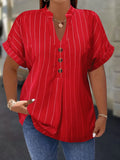 Gadinus White Plus Size Striped Blouse Women V Neck Button Front Short