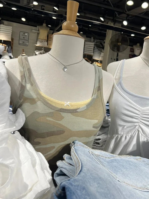 Camouflage Vintage Slim Tank Top Woman Summer U Collar Sleeveless