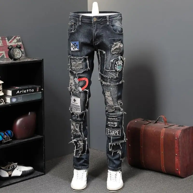 Spring and Autumn New Broken Hole Patch Embroidered Emblem Jeans Men's