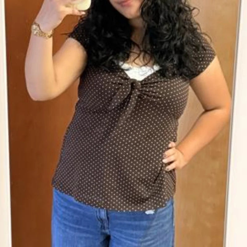 Women Fairy Grunge Coquette Shirts Y2K Polka Dot Puff Short Sleeve