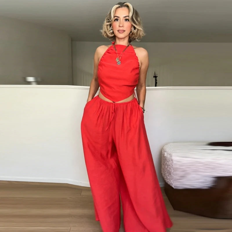 HXAO Red Ruffled Pants Sets Women's Suit Halter Crop Backless