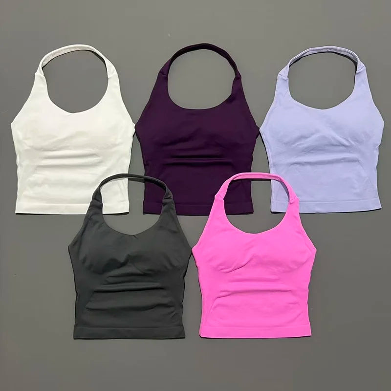 Histello Longline Strappy Top Women Sports Tank Halter Seamless Ruched