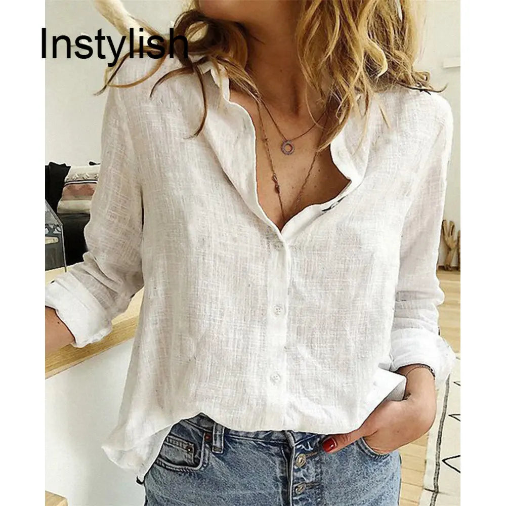 Women Casual Long Sleeve Cotton Linen Loose Shirt Elegant Solid