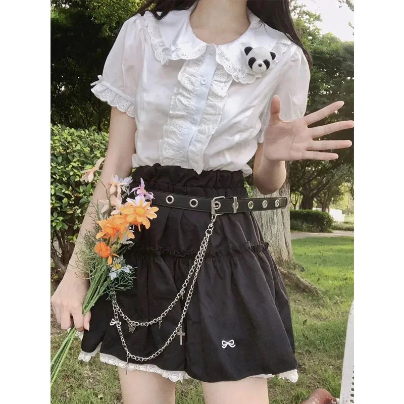 Deeptown Kawaii Lolita Blouses White Women Cute Lace Tops Ruffle