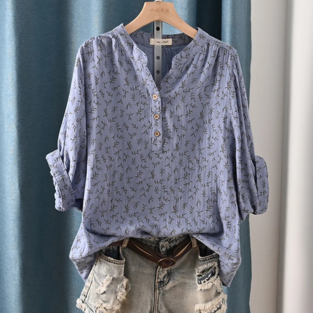 New Spring 100% Cotton Casual Shirt Women Batwing Sleeve Stand Collar