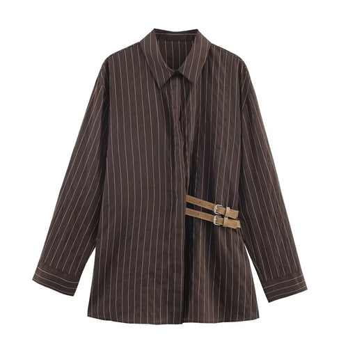 Women's Shirt 2025 Winter New Style Reddish-Brown Striped Long-Sleeve