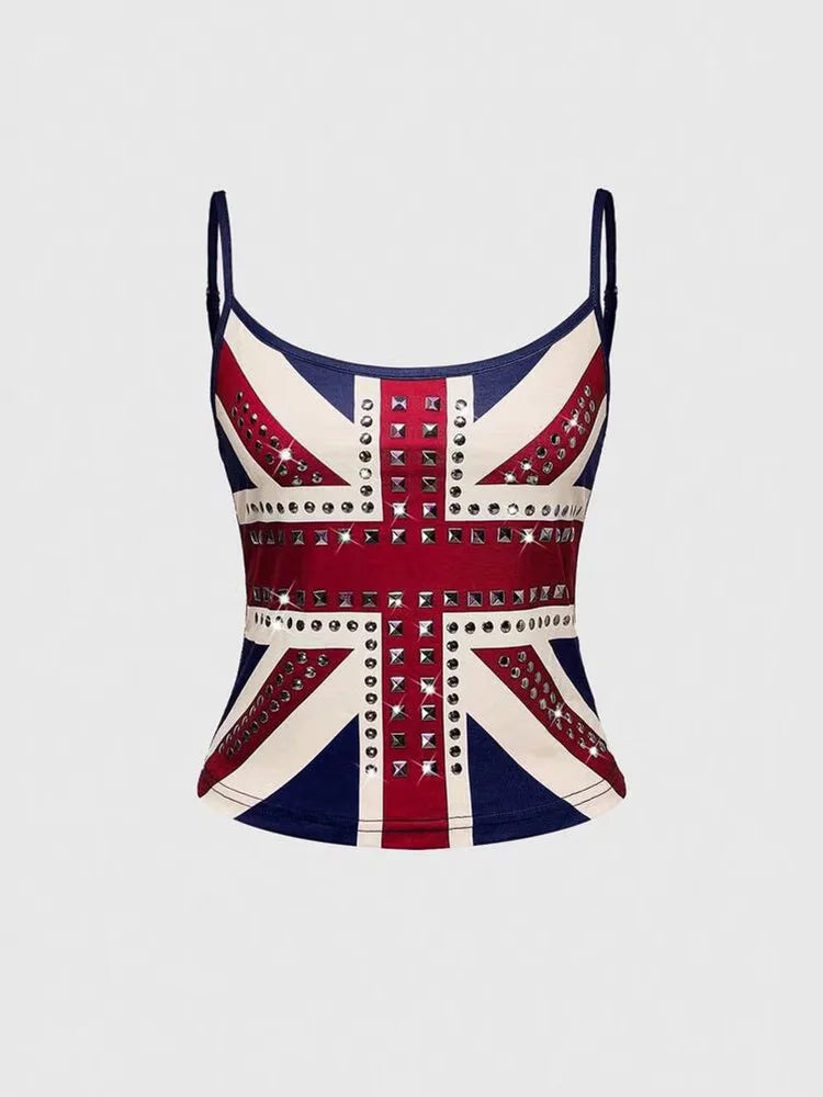 Summer Slim Fit Crop Tank Tops Women Union Jack Print Studded