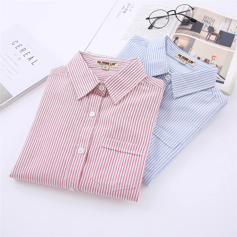 White Blue Pink Striped Shirt Women 2024 Spring New Simple Casual Long