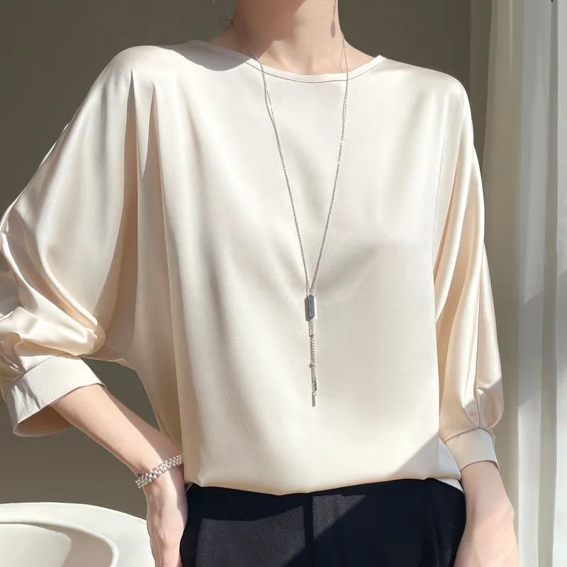 2023 New In Summer Satin Silk Half-Sleeve Tee Tops Basic Solid Women‘s