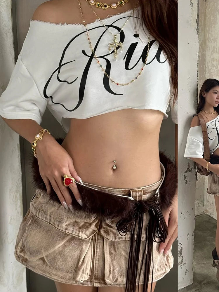 Weird Puss Letter Print Crop Tops Women Summer Trend Wild Biased