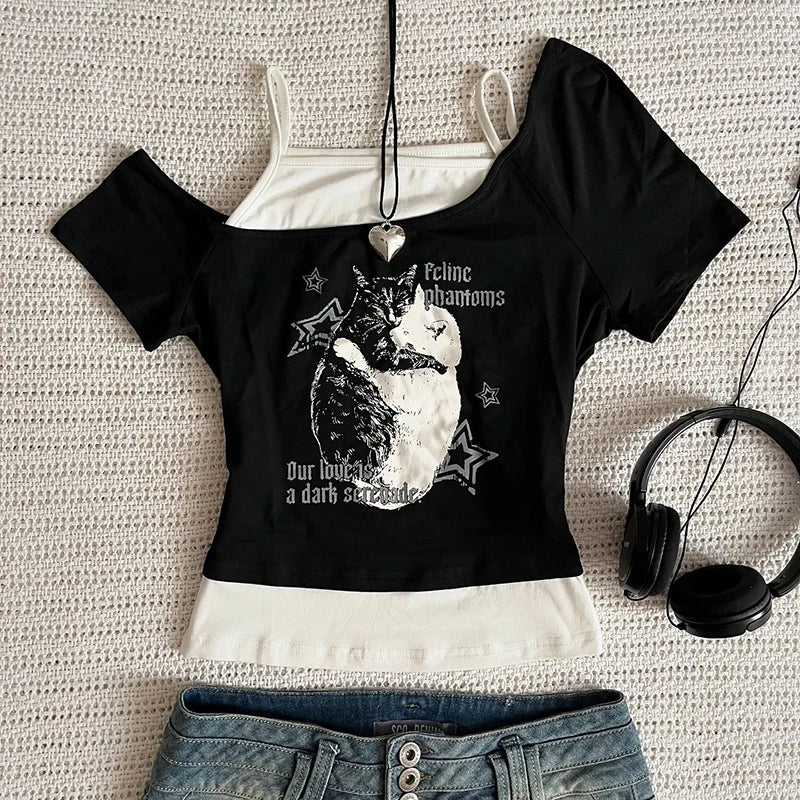 Asthetische Goth Fledermaus Brief Y2K Stil zweitelige T-Shirt Kurzarm