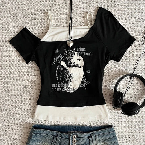 Asthetische Goth Fledermaus Brief Y2K Stil zweitelige T-Shirt Kurzarm