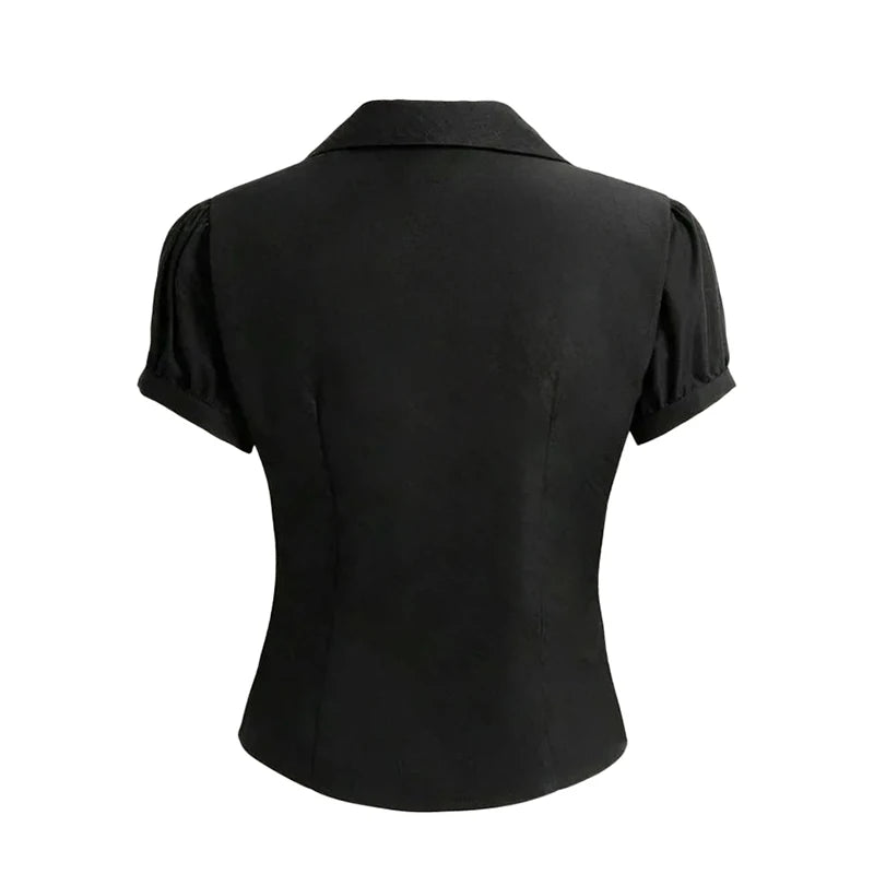 Women Shirts Black Short Sleeve Collared Button Down Blouse Tops