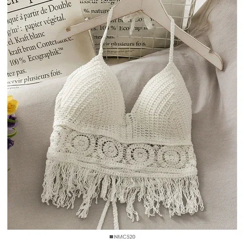 2024 Crop Tops Retro Wild Hollow Perspective Tassel Sexy Spaghetti