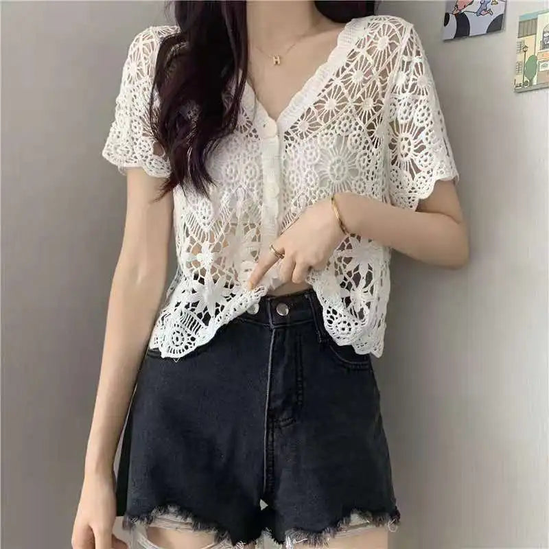 Sheer Crochet Top Button Front V-Neck Short Sleeve Open-knit