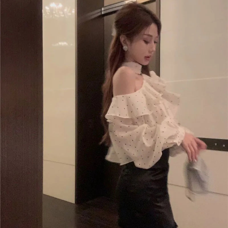 French Style Halter Neck Polka Dot Chiffon Shirts Woman Elegant Off