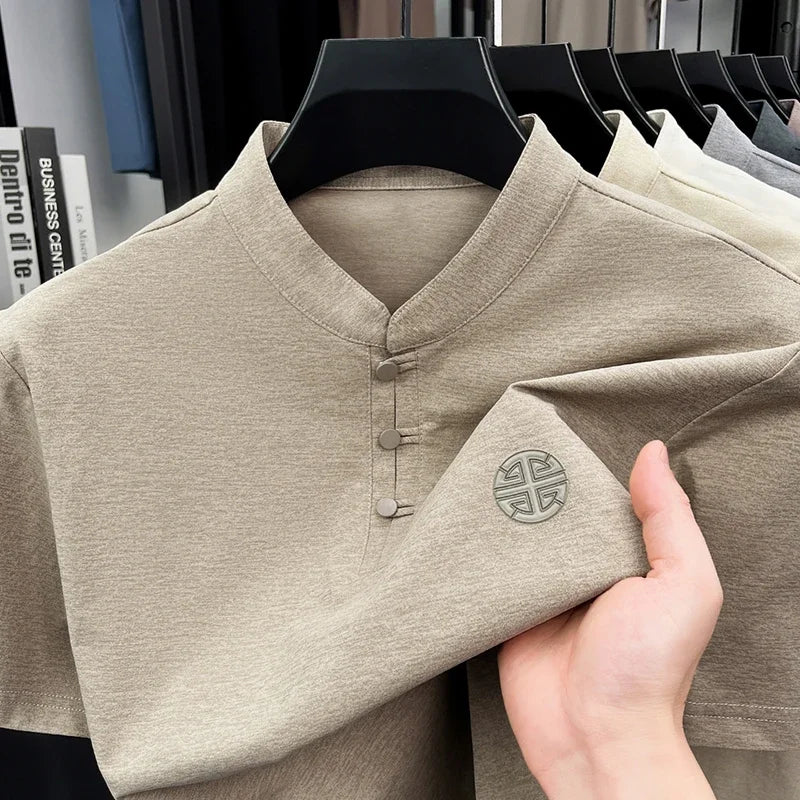 Men's Mandarin Collar Short Sleeve T-Shirt Casual Chinese Style Button