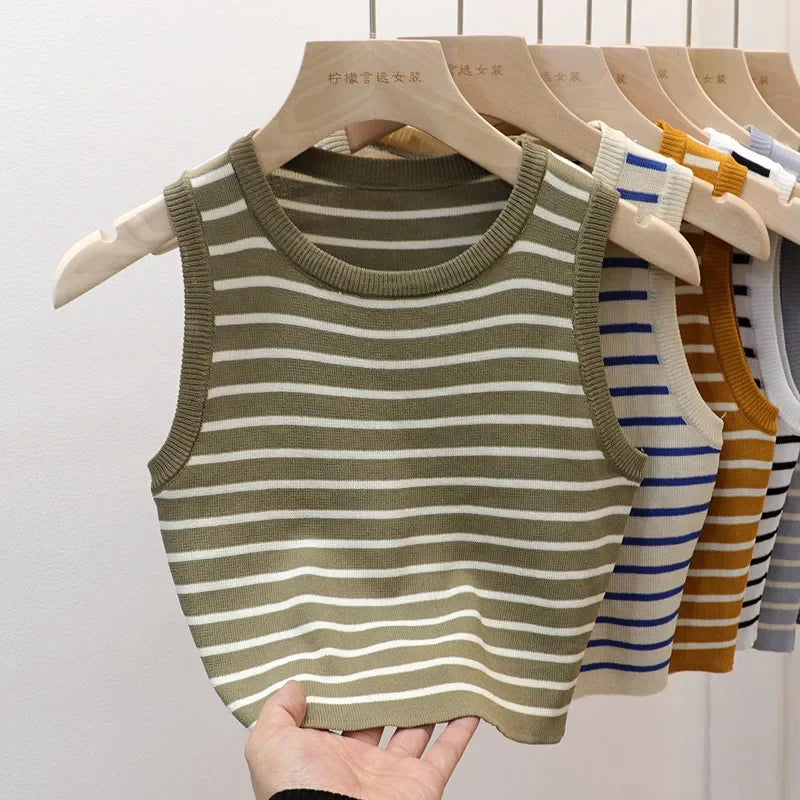 Summer Spring Striped Tank Tops Women Sleeveless Knitted T-Shirts Crop