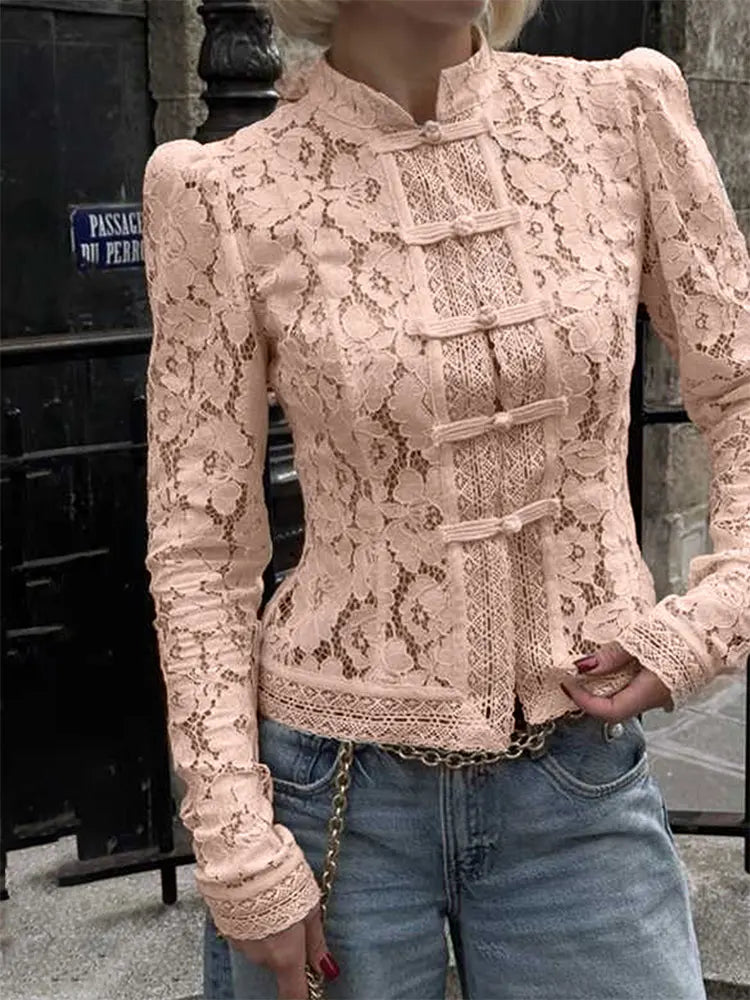 Women's Lace Printed Shirts Tops Spring New Full Sleeve Hollow Out