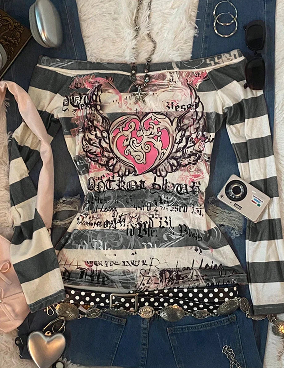 Women's Y2K Sweet 2000S Pink Angel Heart Print,  Striped One-Shoulder