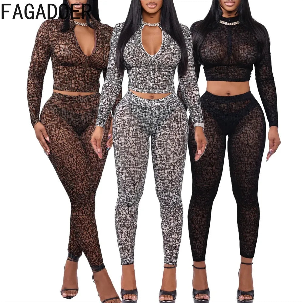 FAGADOER Sexy Stripe Patchwork 2 Pieces Set for Woman Outfit Solid