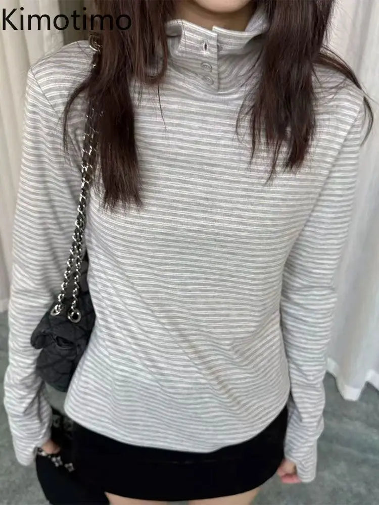 Kimotimo Retro Striped Turtleneck Long Sleeve T-shirts Women 2026 New