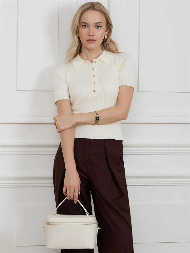 Tossy Knit Sweater Pullover For Women Lapel Ribbed Short Sleeve