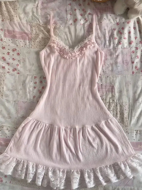 Summer New Girlish Sweet Lace Blouse Cute Bow Slim Kawaii Sling Dress