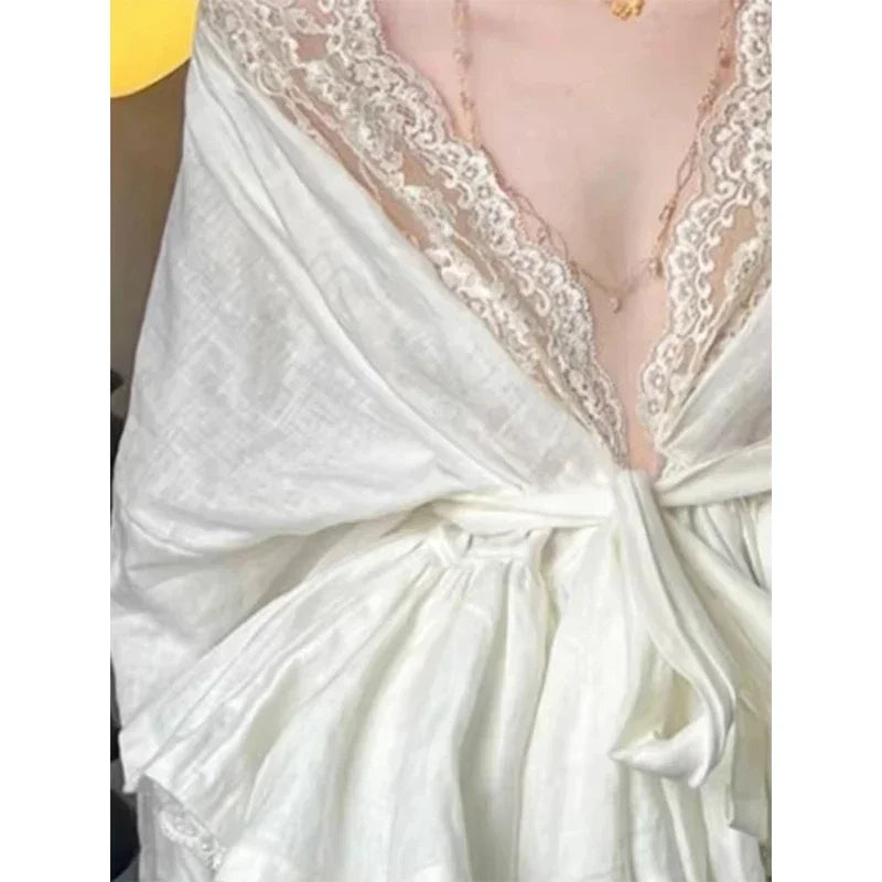 Elegant Lace Shirts Women Vintage Sexy V Neck Bandage Blouses Summer