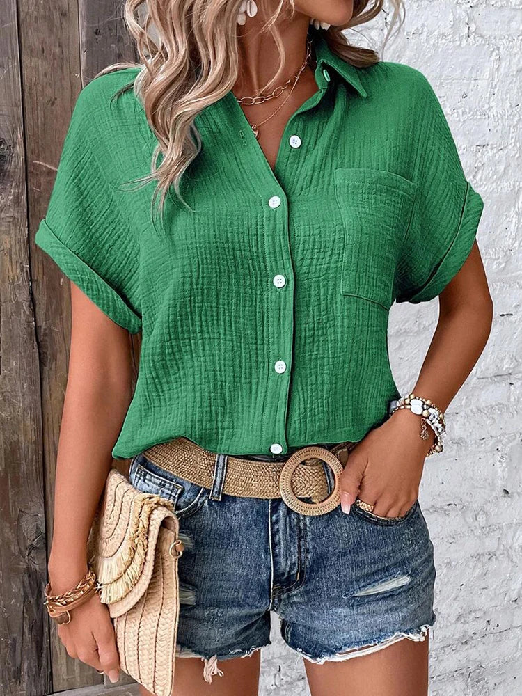 Women Casual Cotton Blouse Vintage Summer Short Sleeve Slim Shirt