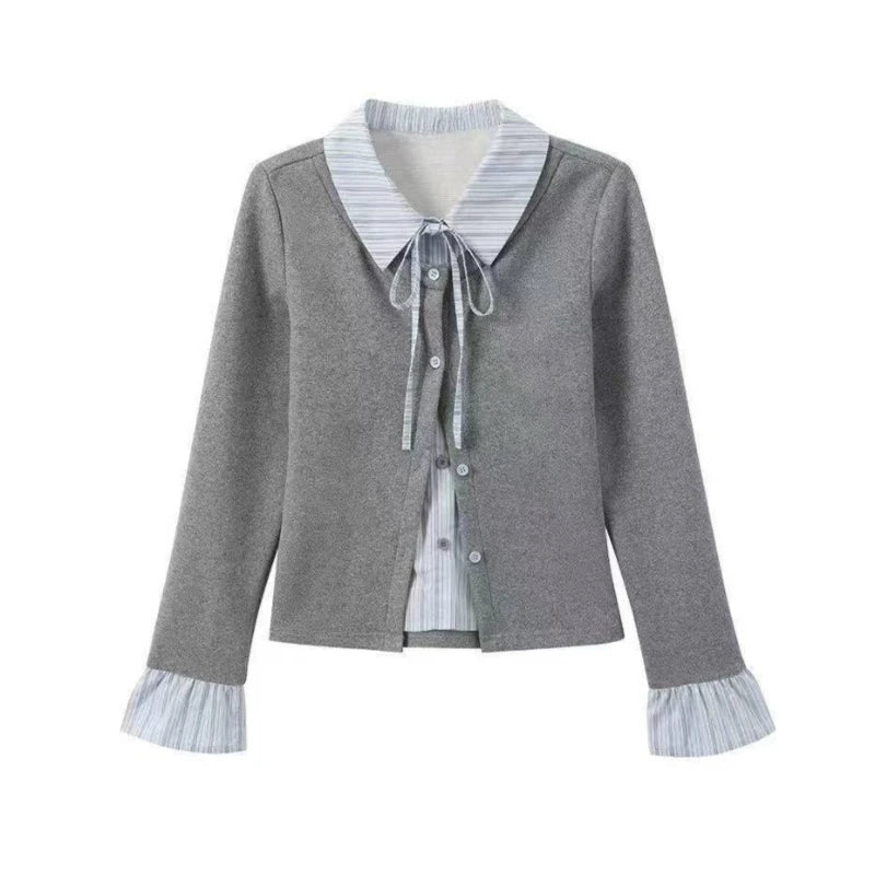 Korean Fashion Elegant Patchwork Lace Tops Slim Casual Long Sleeve