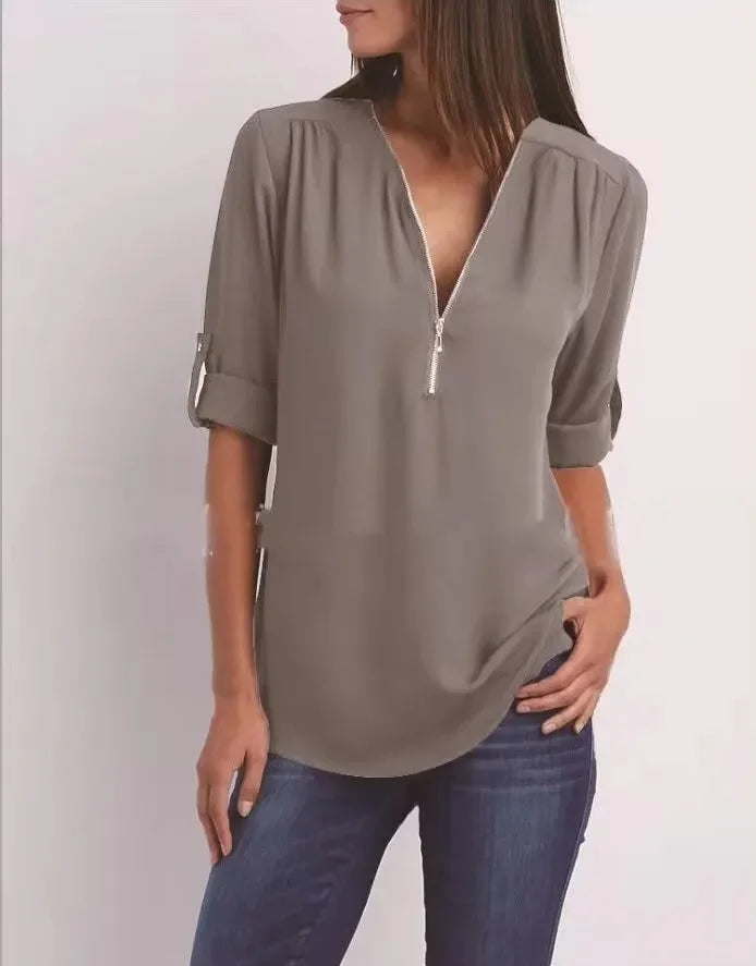 2024 Hot Sale Women Cool Loose Shirt Deep V Neck Chiffon Fashion