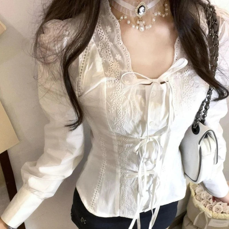 Women Sweet Bandage Lace Patchwork White Blouses Korean Chic Slim Fit