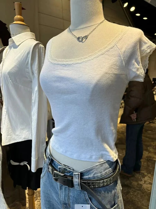 Lace Patchwork Blue Slim Crop Top Women Summer Sexy Scoop Neck Cotton