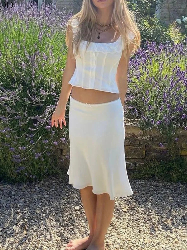 Foridol White Lace Summer Women Set Sleeveless Crop Top+midi Skirt