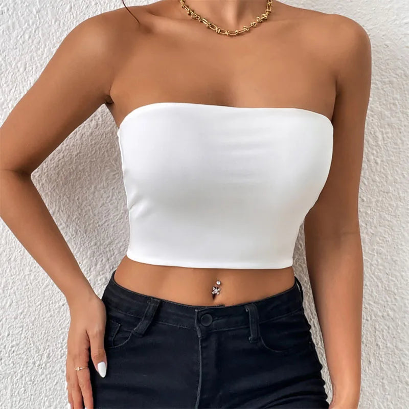 Women Seamless Ice Silk Crop Tops Sexy Gathering Strapless Non-Slip