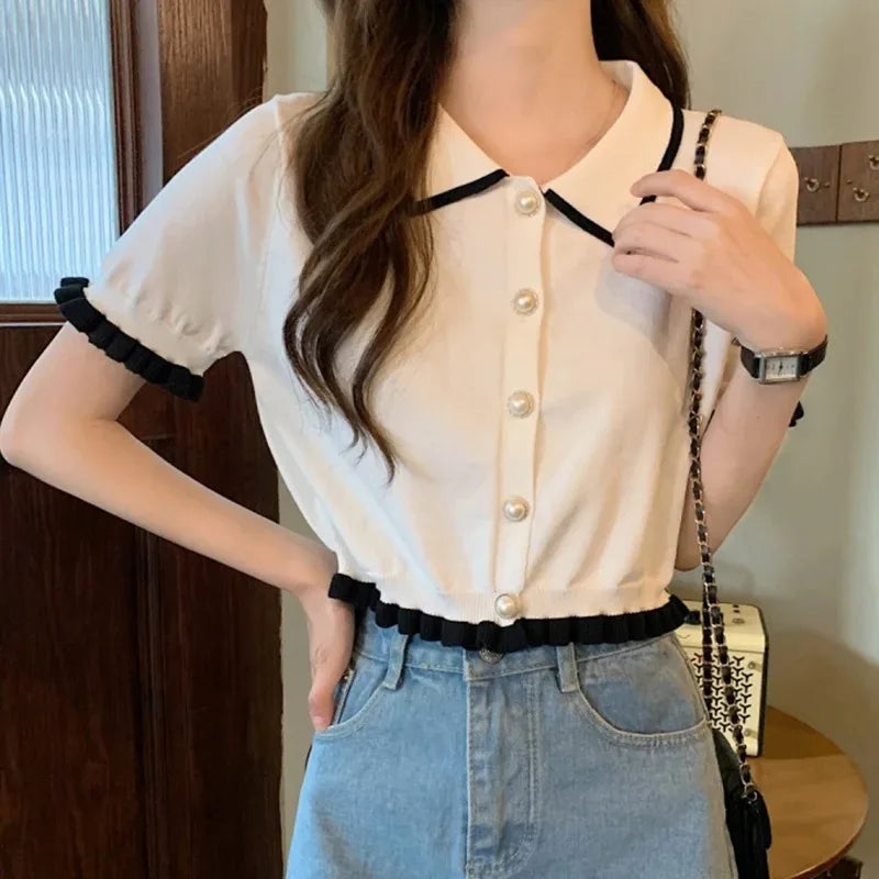 Sweet Women Shirt Korean Knitted Turn Down Collar Chic Short Sleeve