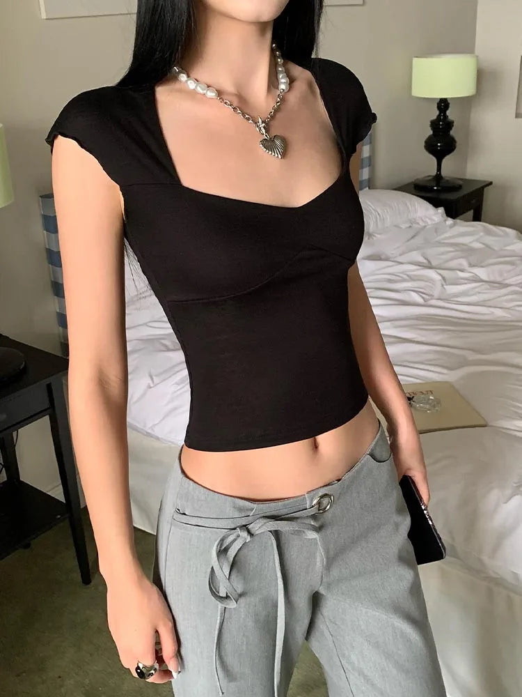 Women's Square Collar Backless Cropped Top Short Sleeve Elegant Summer