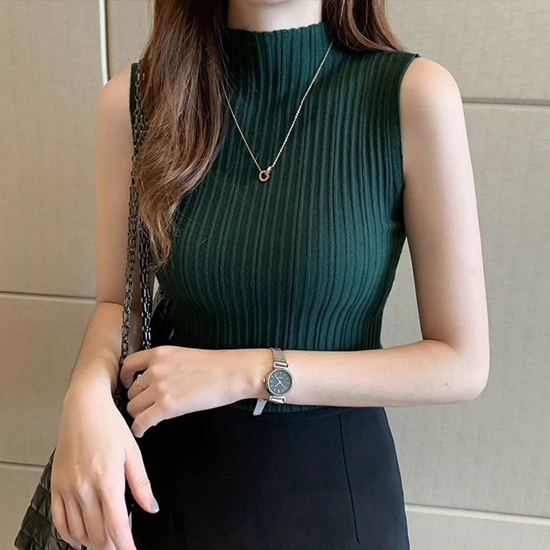 Solid Slim Thin Sleeveless Knitted Sweater 2023 Spring Summer Half