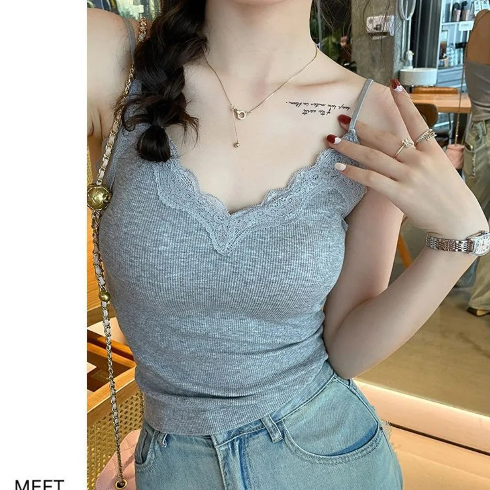 High Quality Fashion Breathable Lace Camisole Strap Bra Solid Color