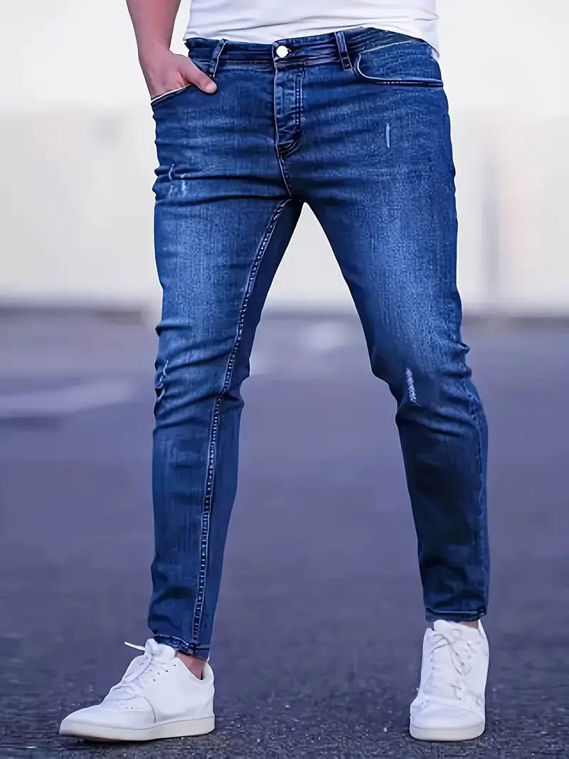 Men's Slim Fit Stretch Denim Jeans with Ripped Detail & Contrast