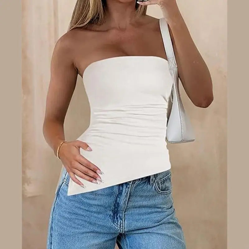 50LE Women Off Shoulder Tube Top Strapless Ruched Asymmetrical Split