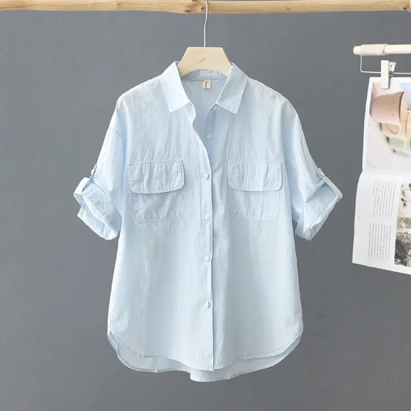 Turn-down Neck Pink Solid Short Sleeved Loose Shirt And Blouse Clothes