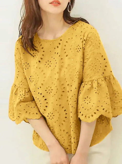 ZANZEA 3/4 Ruffle Sleeve Loose Blusa Women Hollow Out Lace Patchwork