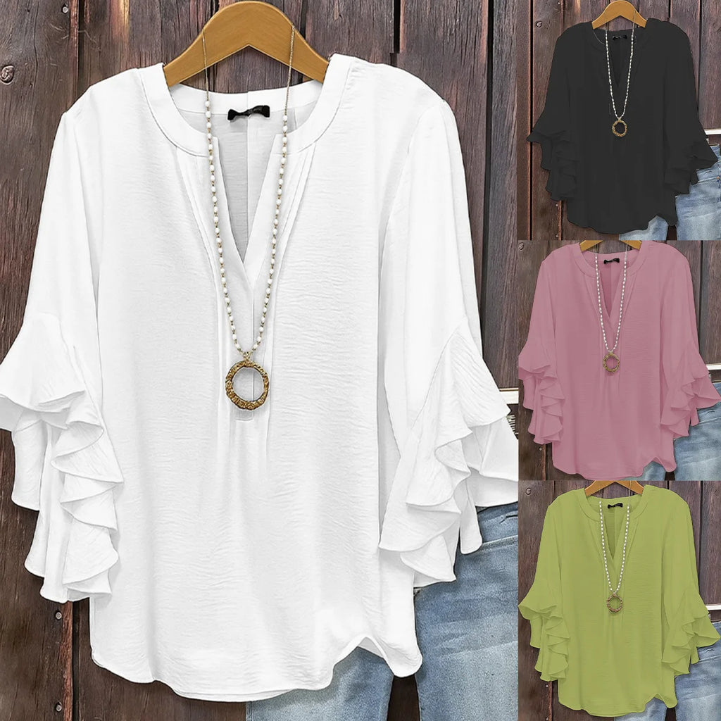 Women's V Neck Ruffle Sleeve Blouse Split Neck Layered Flare Cuff