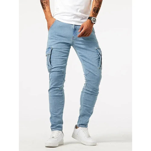 Street Elastic Jeans Men Denim Cargo Pants Wash Solid Color Multi